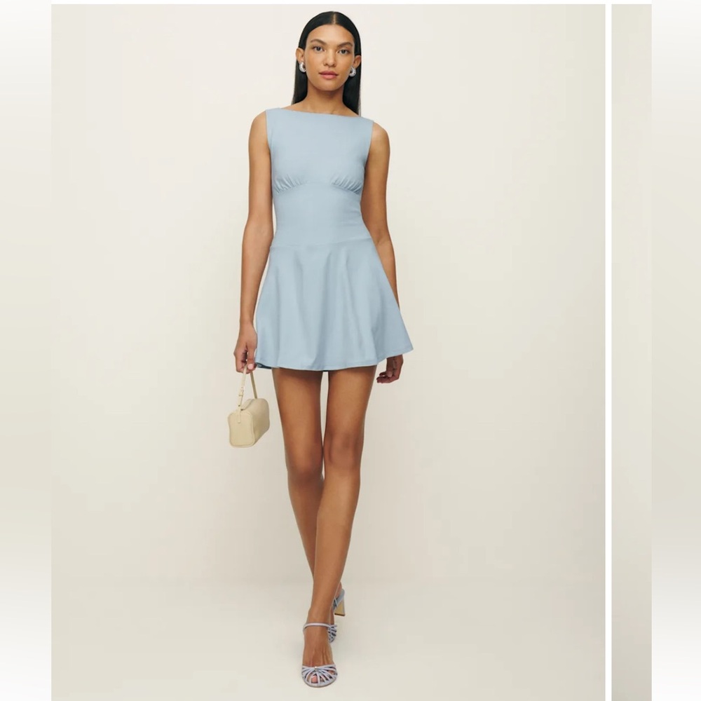Reformation Light Blue Sleeveless Boat Neck Mini Dress